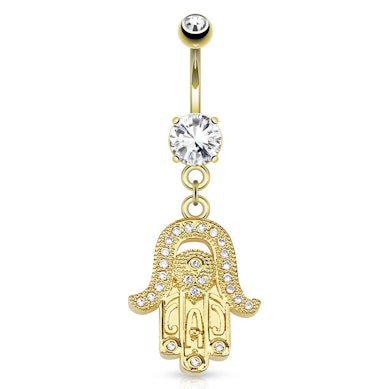 Belly button ring gold-plated with hamsa hand dangle