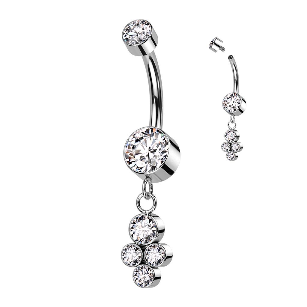 Pretty belly button ring with four dangling bezel stones