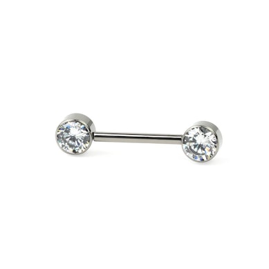 Nipple barbell made of titanium with threadless push-in bezel set stones