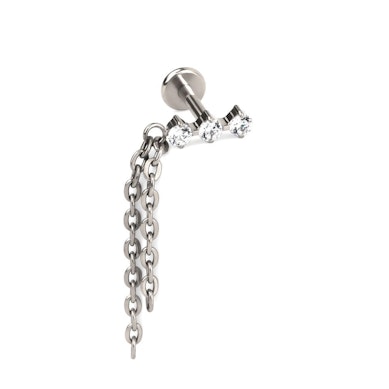 Titanium labret with trio of stones and double chain dangle