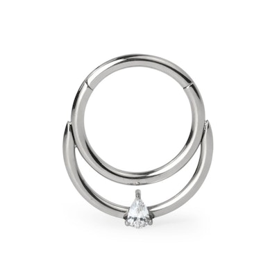 Titanium hinged ring with double hoop and teardrop stone