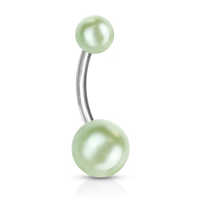 Belly button ring with pearl balls.
