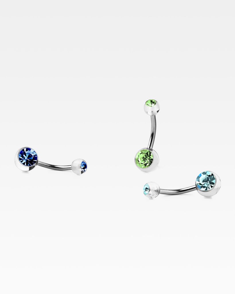 Fantastic belly button ring with acrylic balls with bezel set stones in different colors