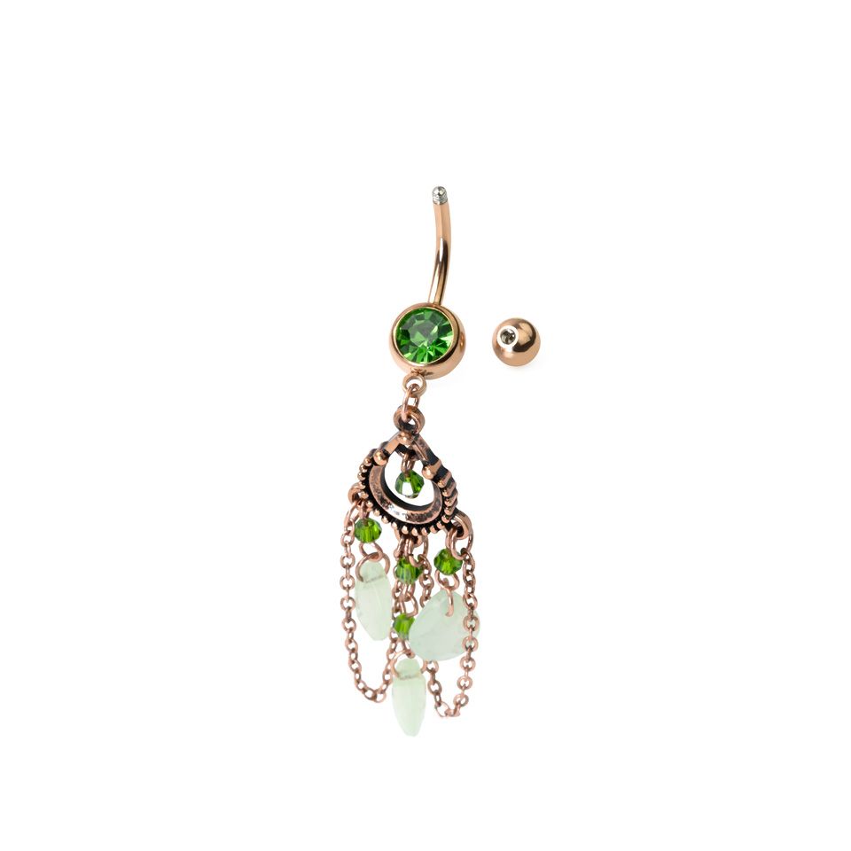 Gorgeous belly button ring with green drop shaped gemstones dangle