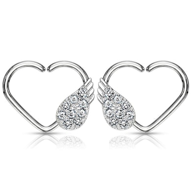 Ear piercing with heart shape and paved angle wing