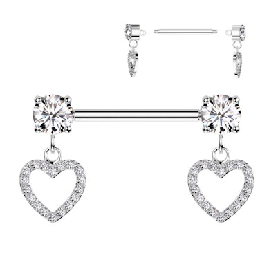 Nipple barbell with heart charms