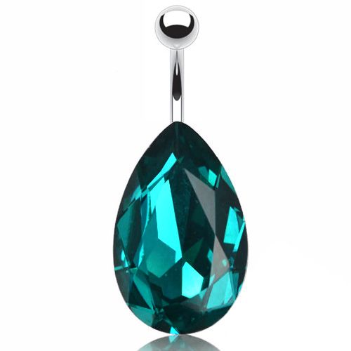 Impressive belly button ring with a large drop shaped gem in turquoise color