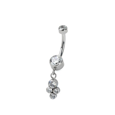 Belly button ring made of titanium with a dangling cluster of bezel-set stones