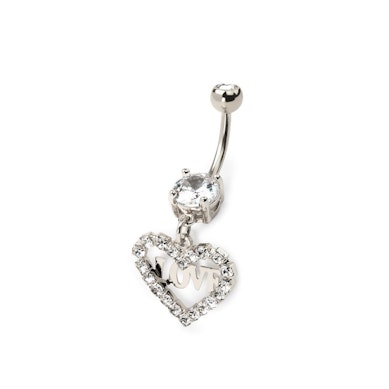 Belly button ring with studded heart and love text dangle