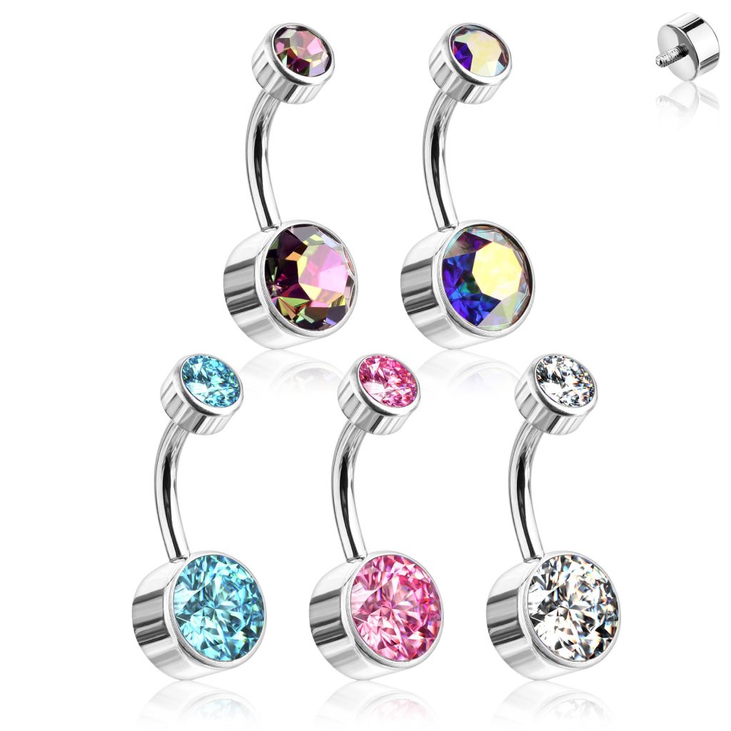 Beautiful titanium belly ring with two flat balls with stones