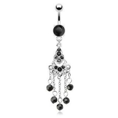 Belly button ring with chains and black balls dangle