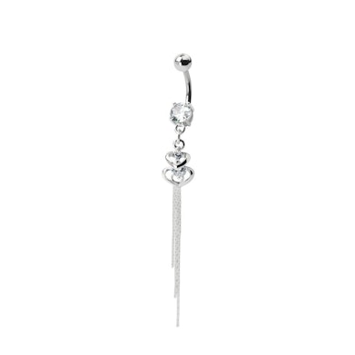 Belly button ring with double heart pendants and stones