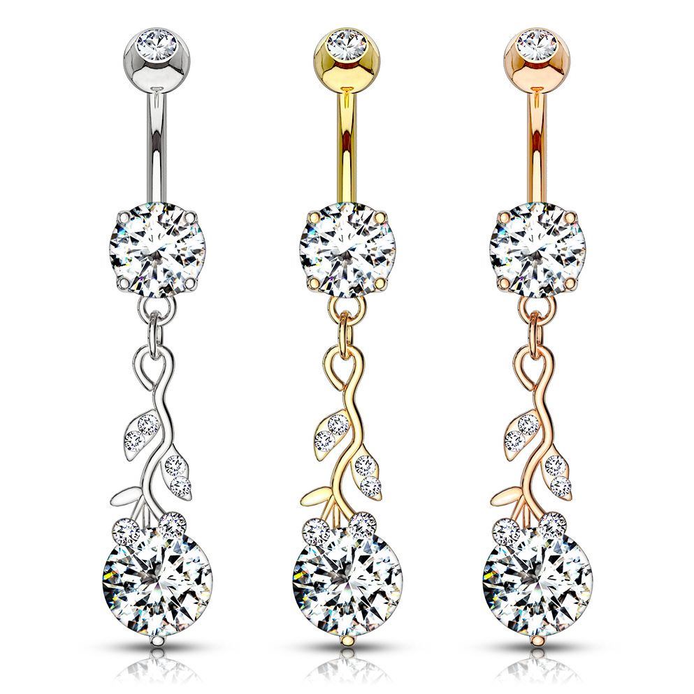 Belly button ring with studded branch dangle and stones