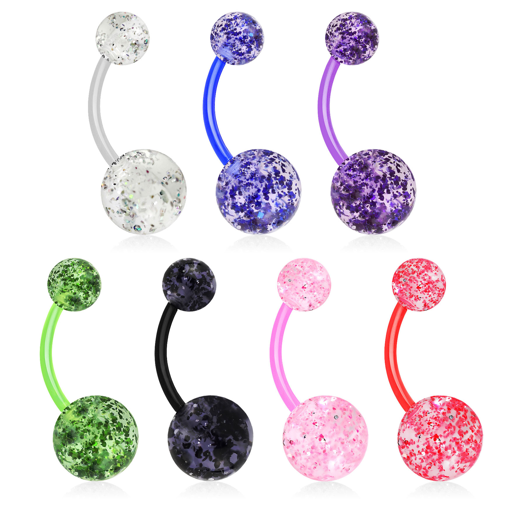 Belly button ring made of acrylic with glitter balls