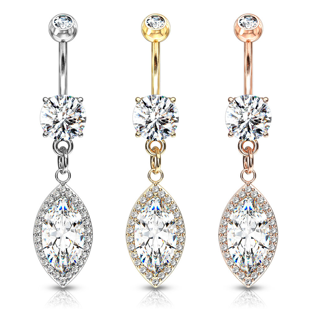 Belly button ring with marquise stone dangle