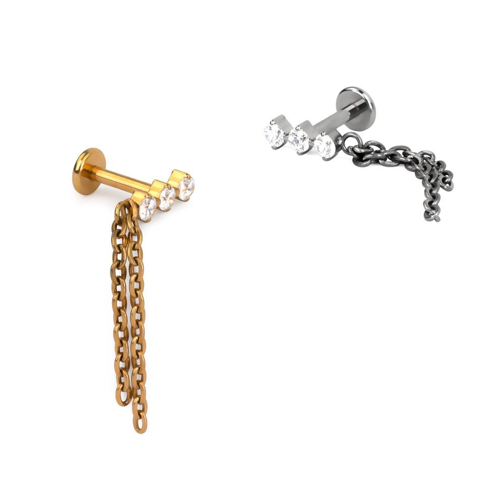 Titanium labret with trio of stones and double chain dangle