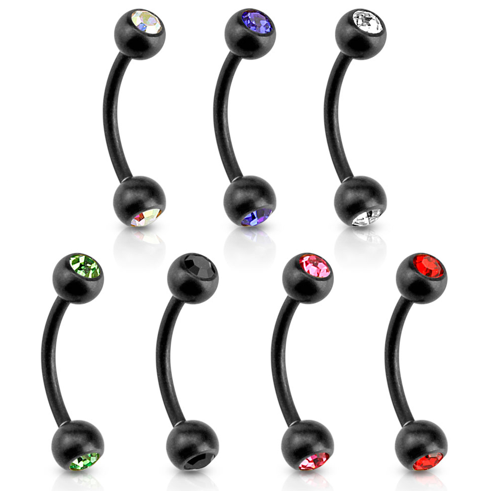 Curved barbell in black matte color with bezel-set stones