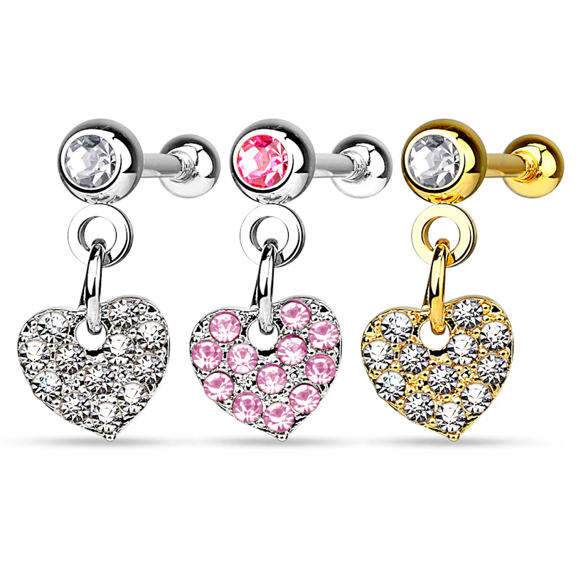 Ear piercing with studded heart dangle