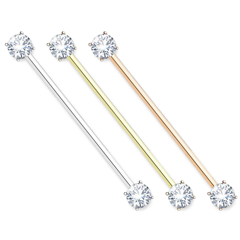 Industrial barbell double jeweled with crystal clear stones