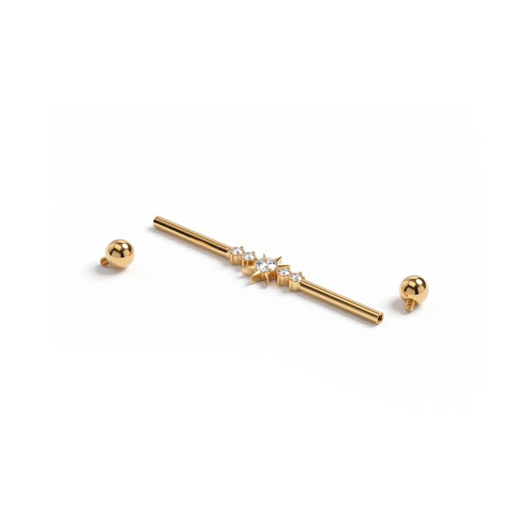 Industrial barbell with central star and gemstones in titanium