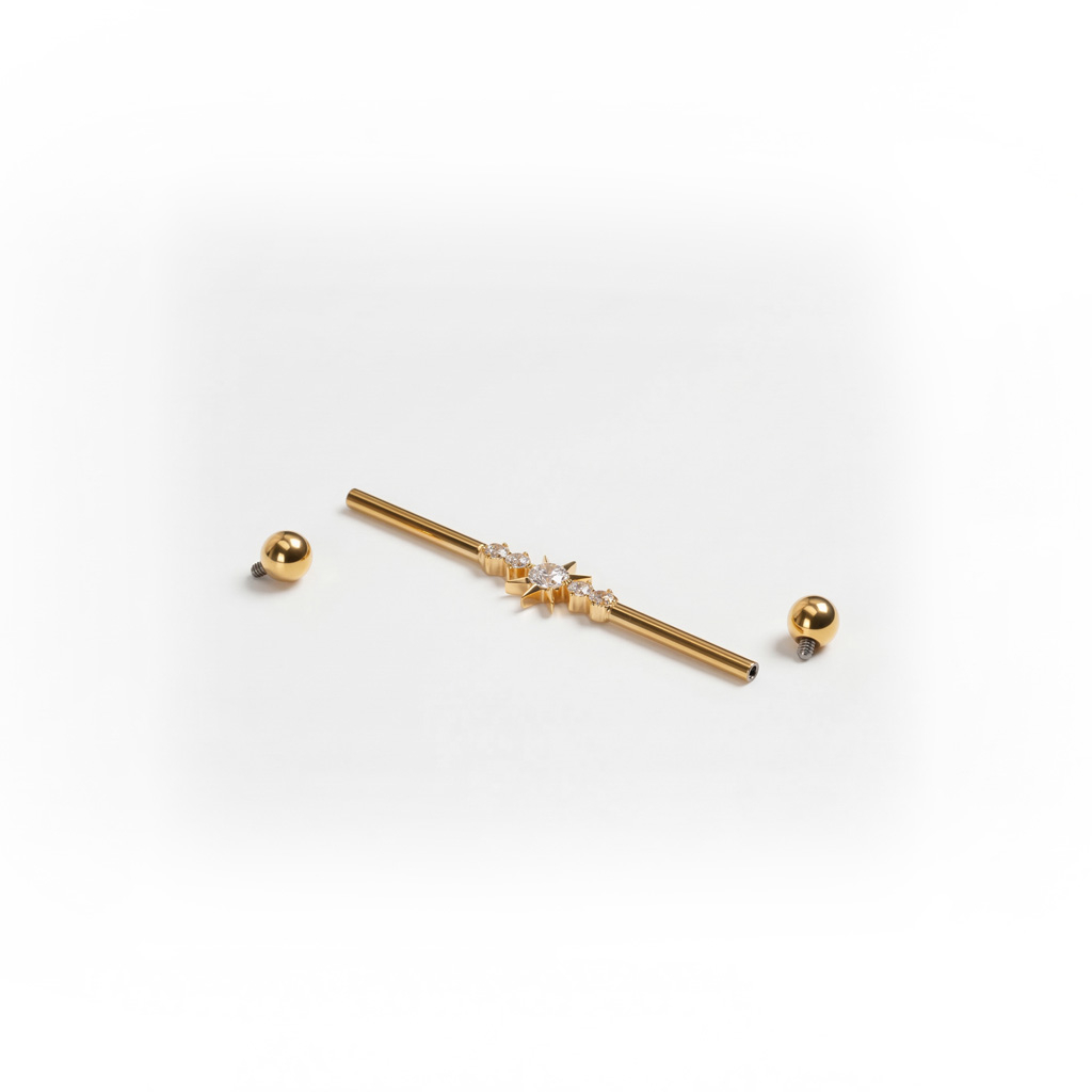 Industrial barbell with central star and gemstones in titanium