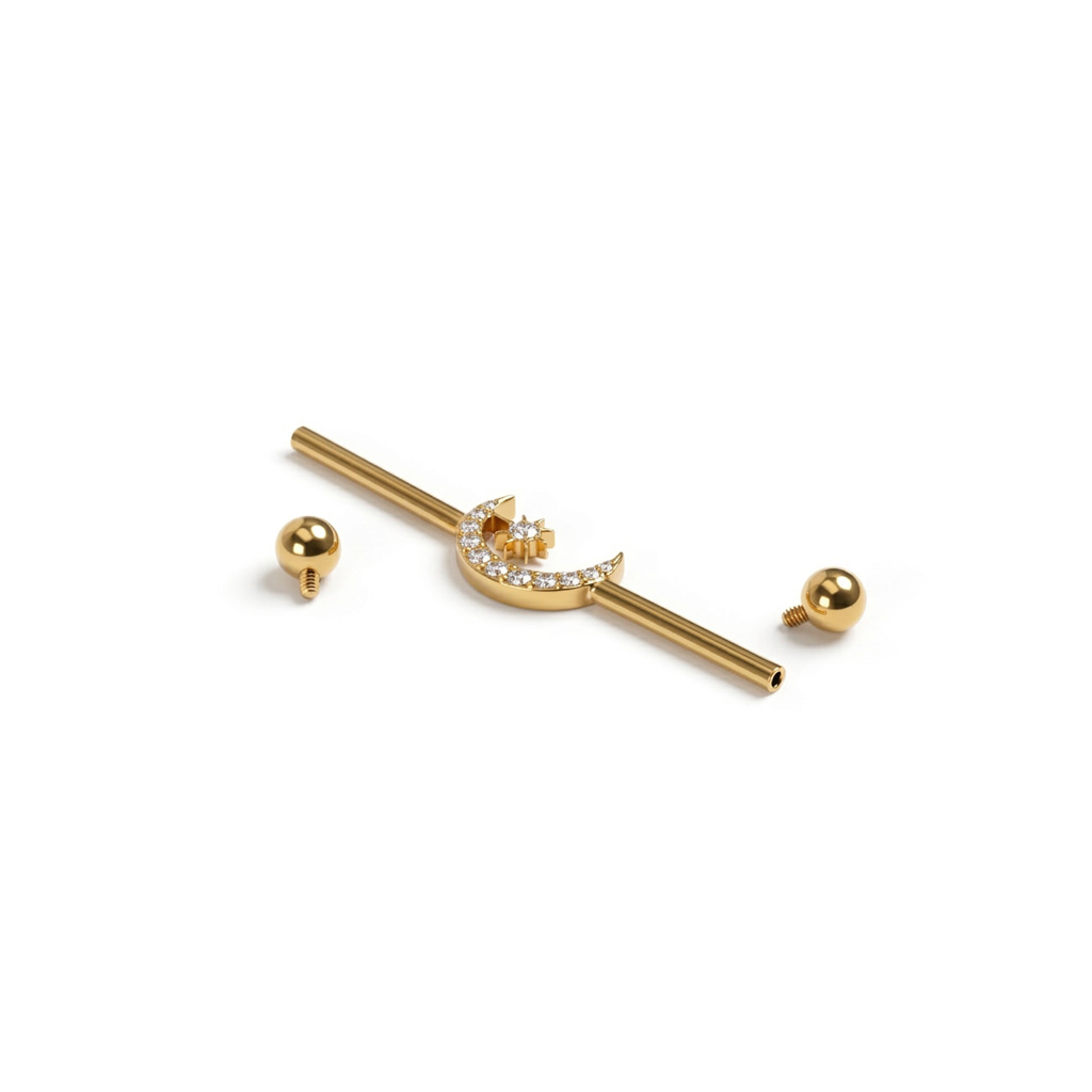 Industrial barbell in titanium with central moon and star