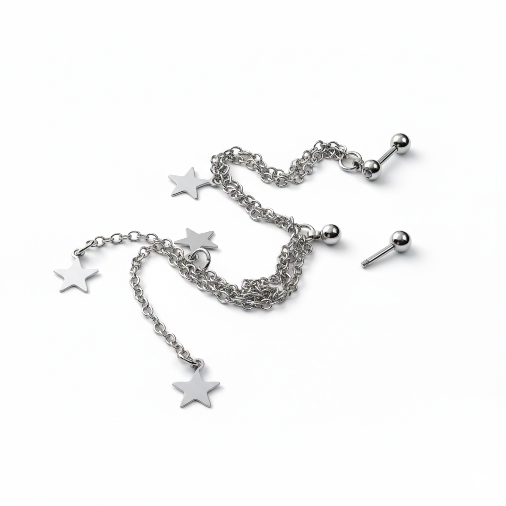 Nakit za pirsing tragusa in helixa z zvezdicami in verižicami