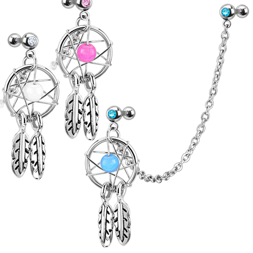 Ear piercing for tragus and helix with dreamcatcher