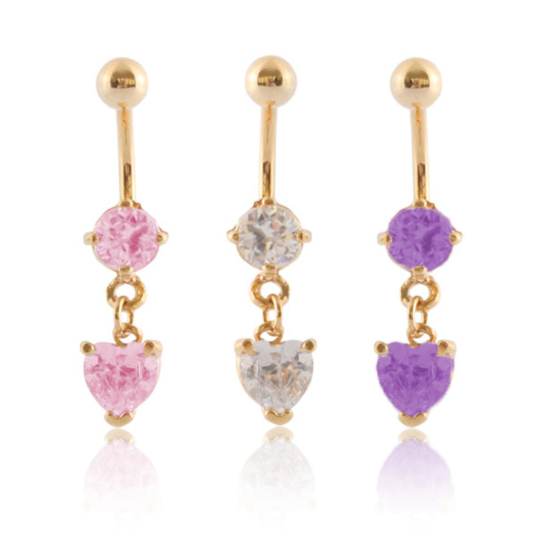 Belly button ring gold-plated with heart-shaped stone dangle
