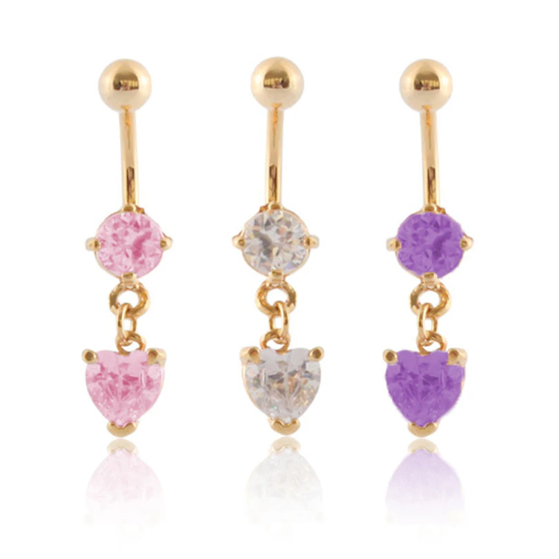 Belly button ring gold-plated with heart-shaped stone dangle