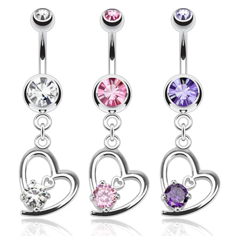 Belly button ring with heart and gem dangle