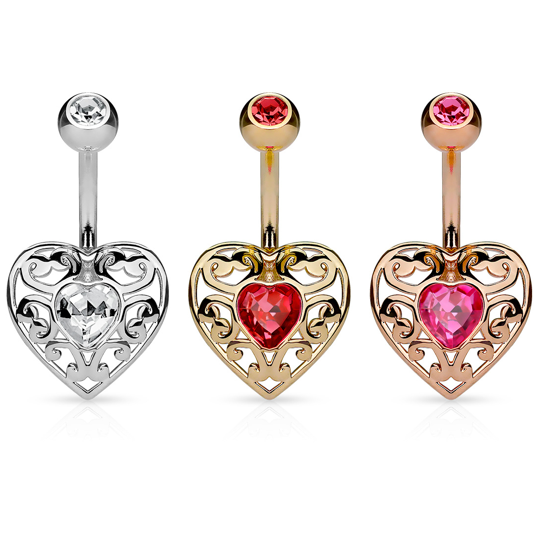 Belly button ring with charm and stone heart-shaped