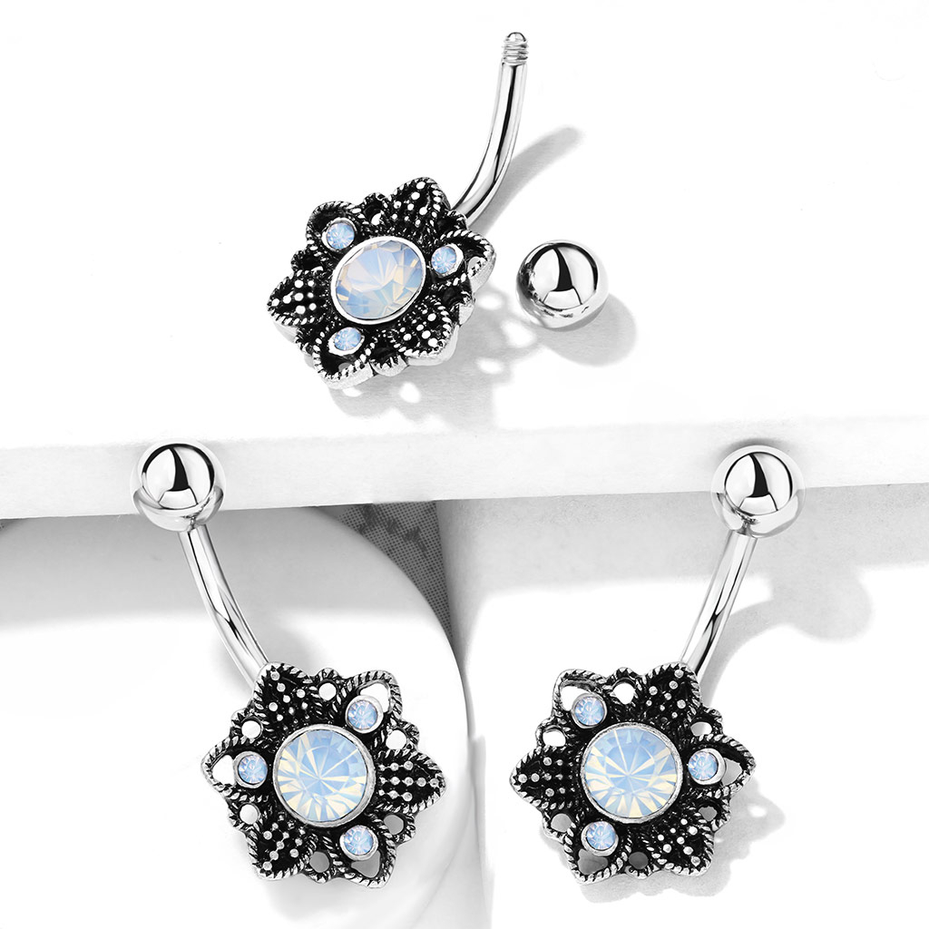 Belly button ring with antiqued flower and opalite