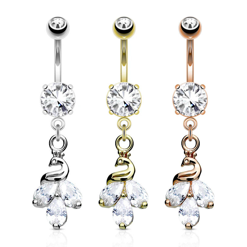 Belly button ring with peacock dangle