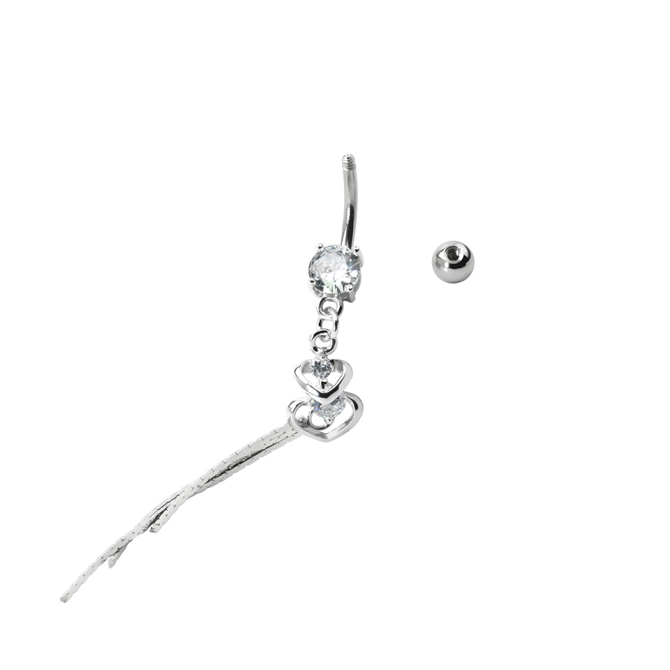 Belly button ring with double heart pendants and stones