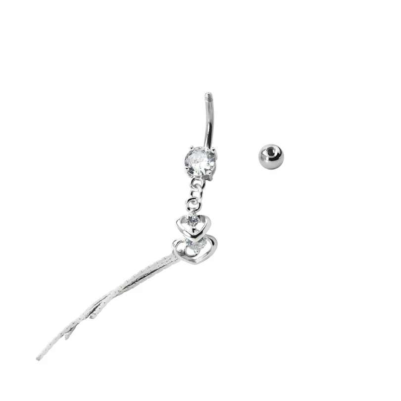 Belly button ring with double heart pendants and stones