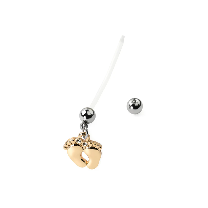 Pregnancy belly button ring with shiny feet dangle