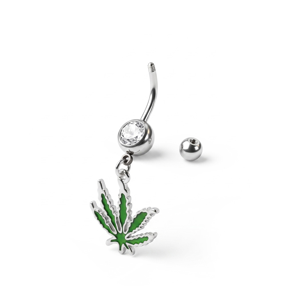 Belly button ring with large marijuana leaf dangle