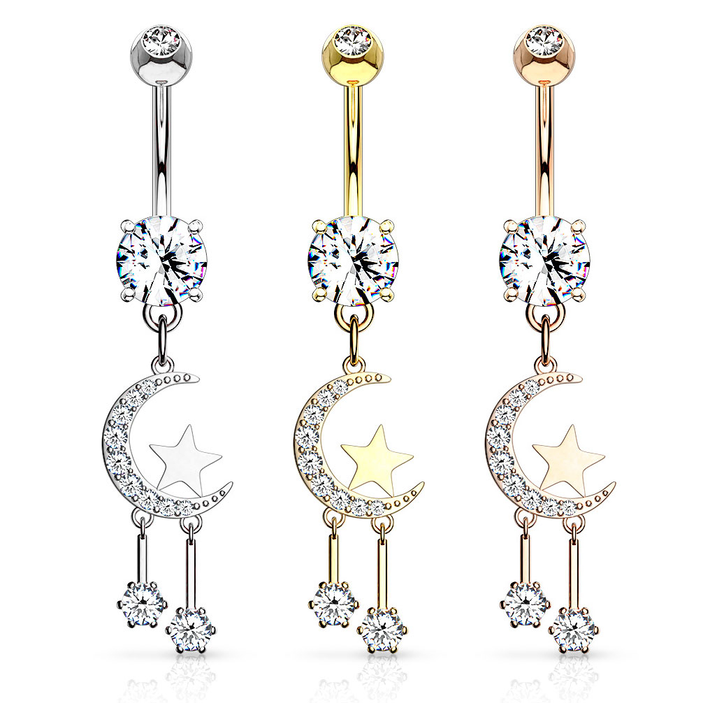 Belly button ring with crescent moon and stars dangle
