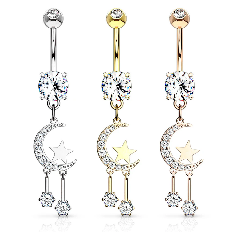 Belly button ring with crescent moon and stars dangle