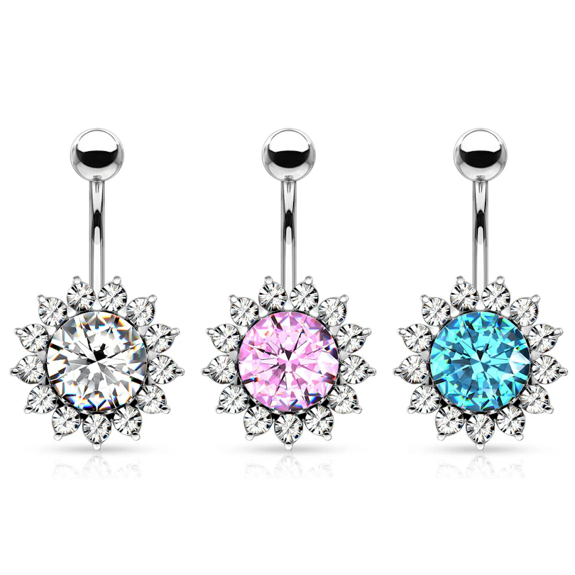 Belly button ring with sunflower-like bottom bead