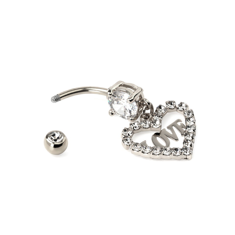 Belly button ring with studded heart and love text dangle