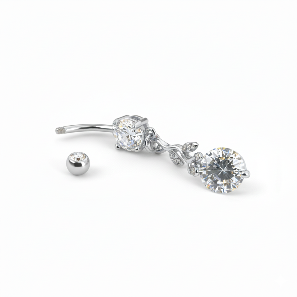 Belly button ring with studded branch dangle and stones