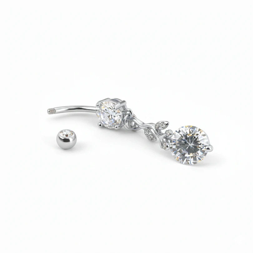 Belly button ring with studded branch dangle and stones