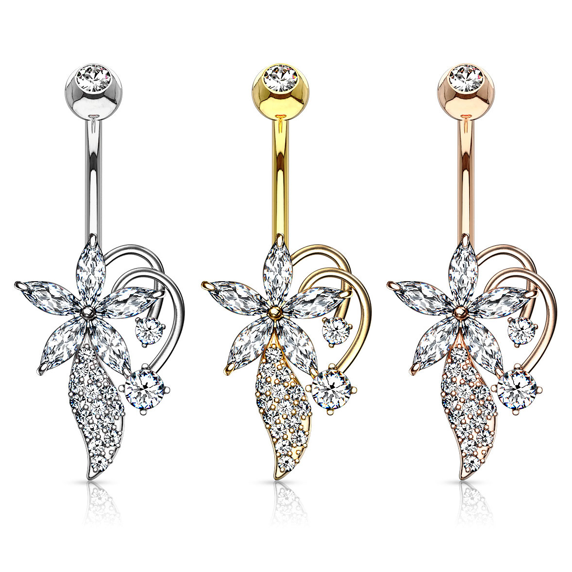 Belly button ring with marquise stones flower