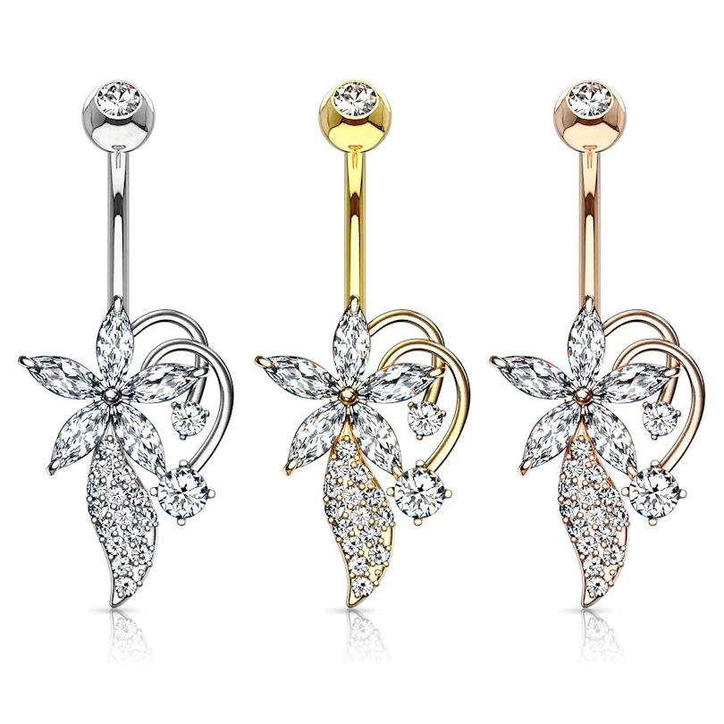 Belly button ring with marquise stones flower