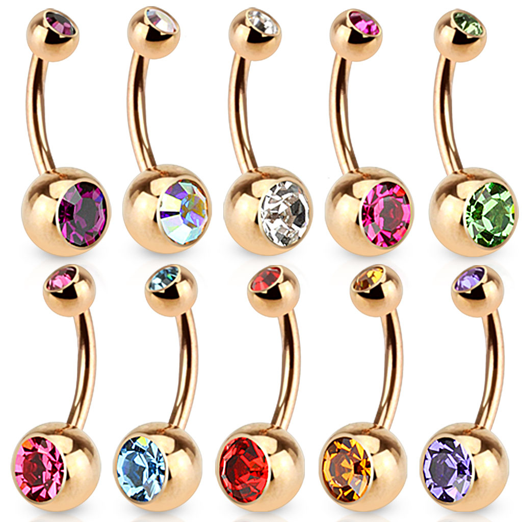 Belly button ring double jeweled and rose gold-plated
