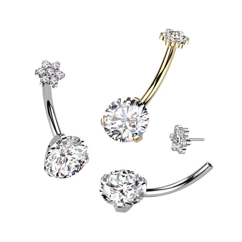 Belly ring with large stone and cute flower top
