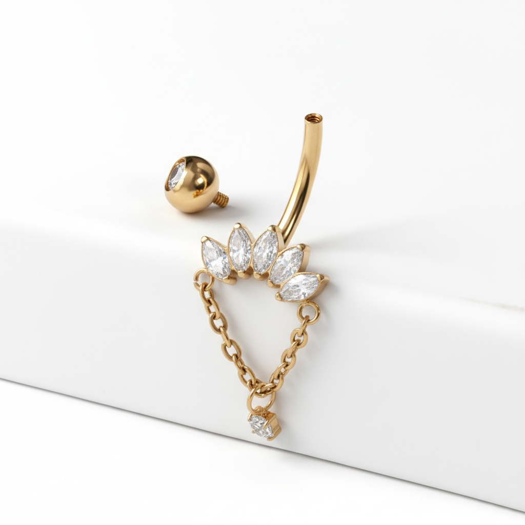 Titanium belly ring with marquise stones and chain dangle