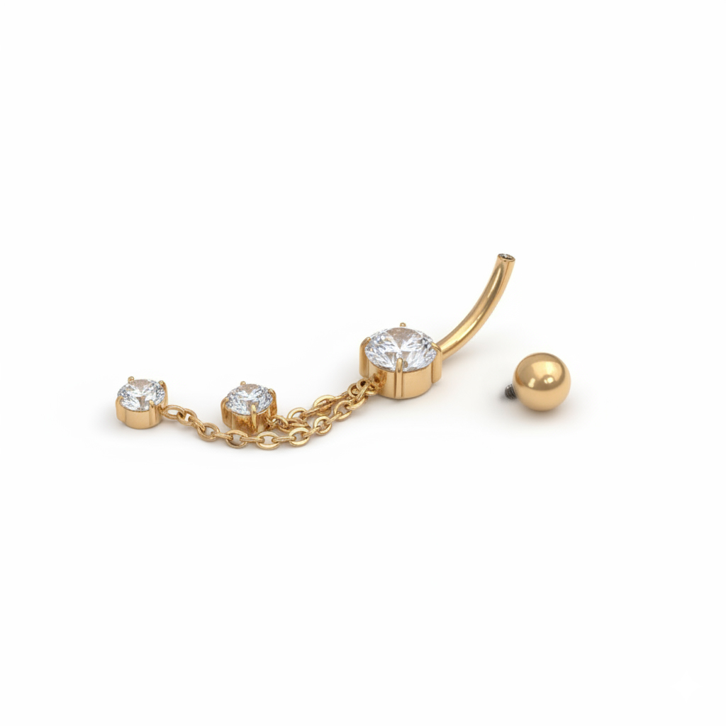 Titanium belly ring with chains and stones